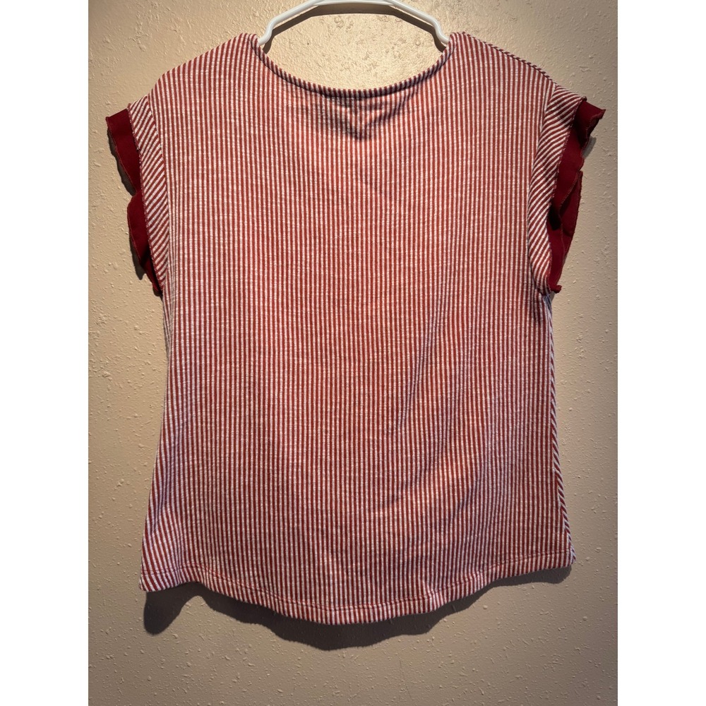 W5 Red White Striped Twist Front Ruffle Mesh Sleeve Top Medium Made in USA - Picture 3 of 5